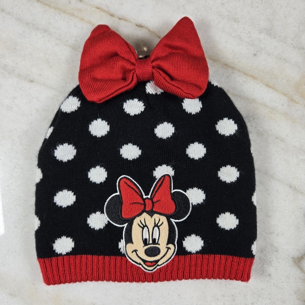Cute Disney Minnie Mouse Polka Dot Beanie Knit Hat with Red Bow Winter Hat